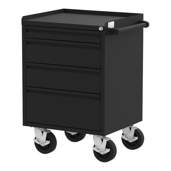 A black metal workbench with four drawers.