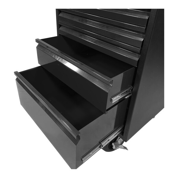 A black Valley Craft workbench with 4 drawers.