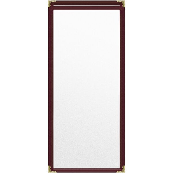 A maroon rectangular menu cover with gold decorative corners.