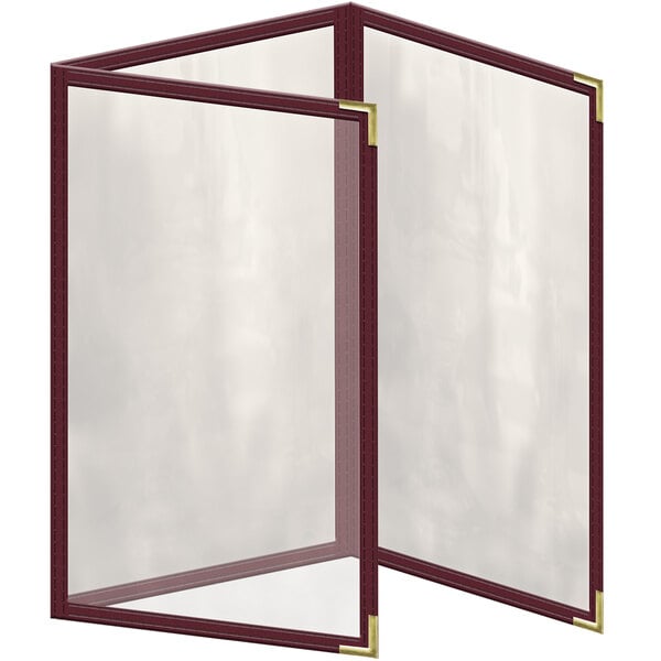 A maroon vinyl menu cover with gold smooth corners and a clear view foldout.