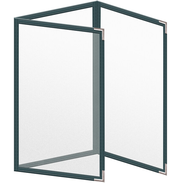 A white rectangular menu cover with a black border and silver corners.