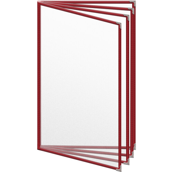 A red TEDD menu cover with silver corners and a matte finish on white paper.