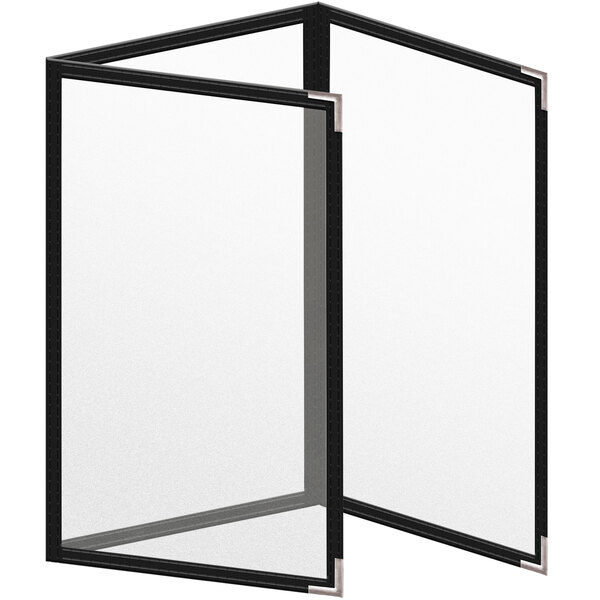 A black rectangular menu cover with silver corners on a white background.