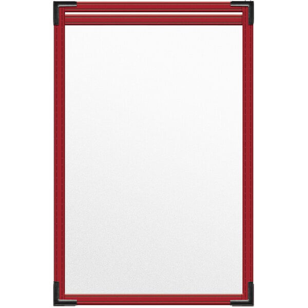 A red rectangular menu cover with black corners and a matte finish.