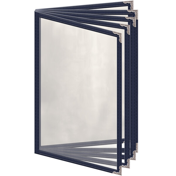 A blue rectangular menu cover with silver decorative corners and a white border with a close-up of the cover's texture.