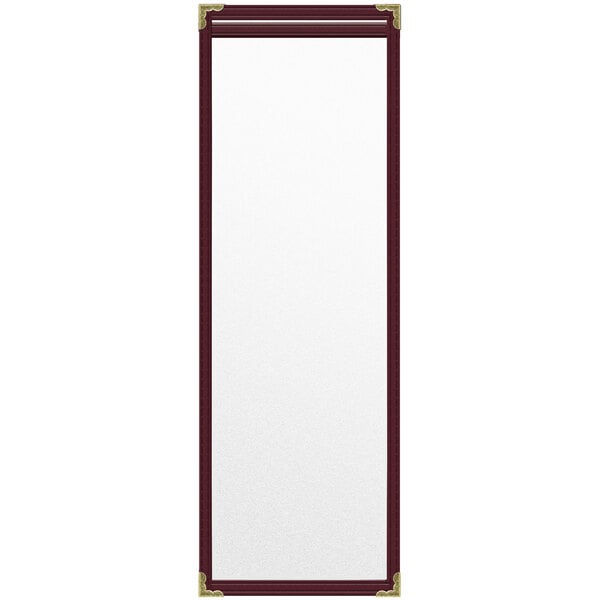 A maroon rectangular vinyl menu cover with gold corners.