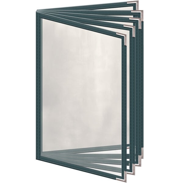 A close up of a H. Risch, Inc. green vinyl menu cover with silver corners and a gloss finish.