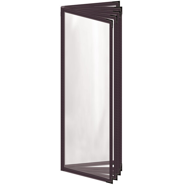 A brown H. Risch, Inc. vinyl menu cover with black trim and black smooth corners.
