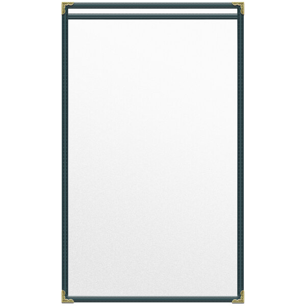 A white rectangular menu cover with black borders and gold corners.