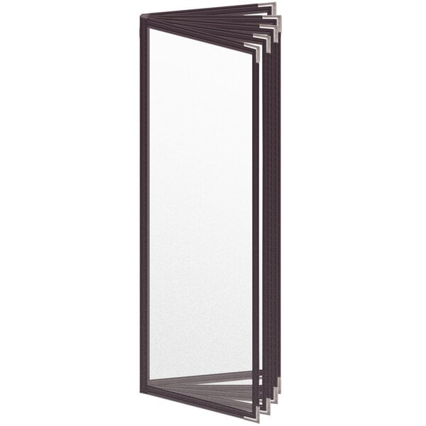 A brown rectangular menu cover with a black border and white interior pages.