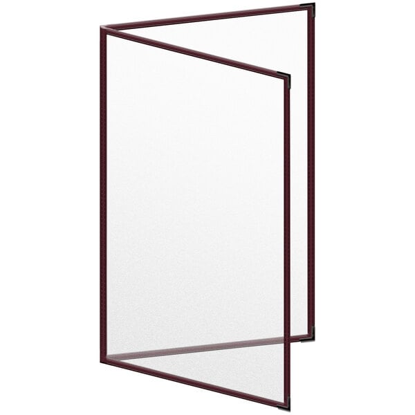A maroon menu cover with black corners and matte finish.