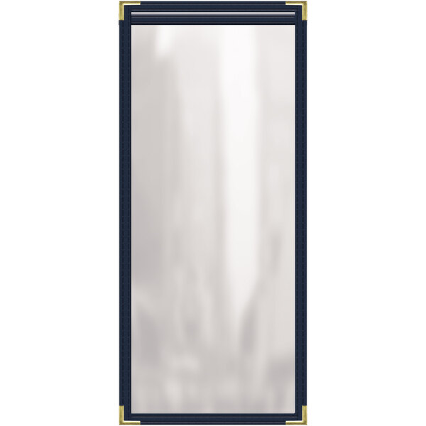 A white rectangular menu cover with a black border and gold corners.