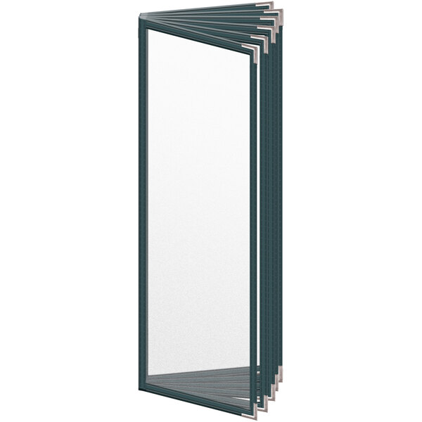 A white rectangular menu cover with silver corners and black lines on a white background.