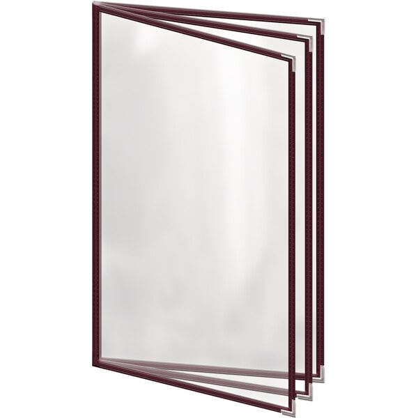 A maroon rectangular vinyl menu cover with silver corners and a gloss finish.