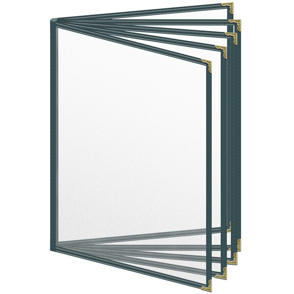 A group of H. Risch, Inc. green vinyl menu covers with gold decorative corners.