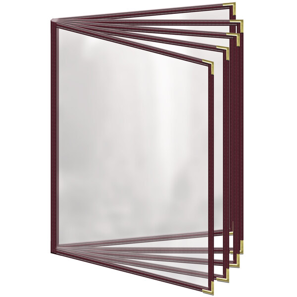 Three H. Risch, Inc. maroon vinyl menu covers with gold corners and trim.