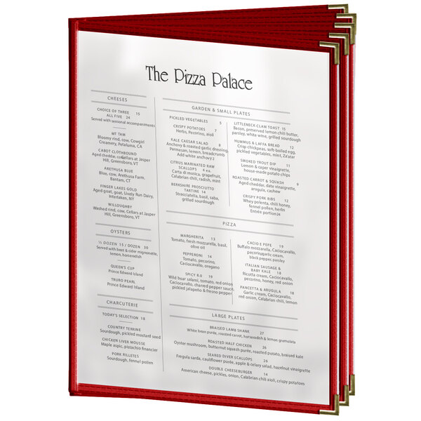 A red H. Risch, Inc. vinyl menu cover with 10 views.