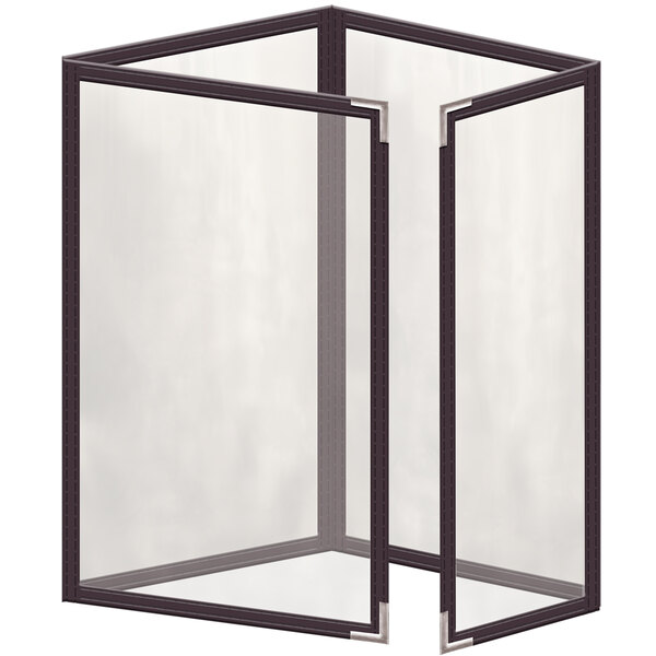 A rectangular brown vinyl menu cover with a black and silver metal corner.