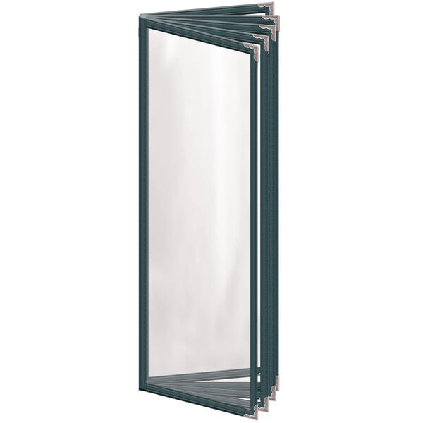 A H. Risch, Inc. green vinyl menu cover with silver decorative corners and a glossy finish with a silver metal rod.