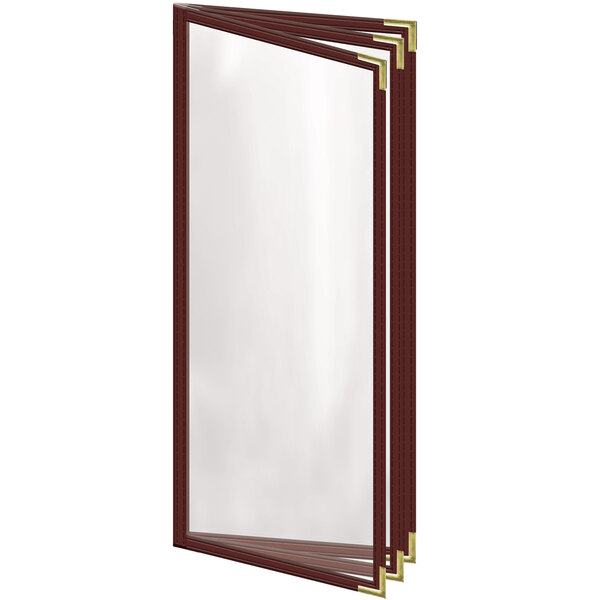 A close-up of a maroon H. Risch, Inc. menu cover with gold corners and a gloss finish.