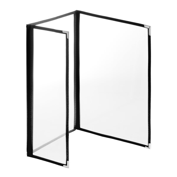 A black menu cover with glossy finish and silver corners.