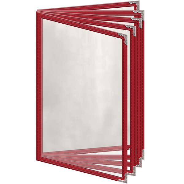 A red menu cover with silver corners and a white rectangular frame with 10 clear pockets.