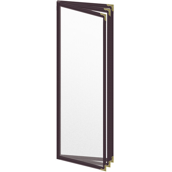A black rectangular menu cover with gold corners and a matte finish.