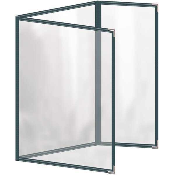 A white rectangular menu cover with a glossy finish and silver metal corners.
