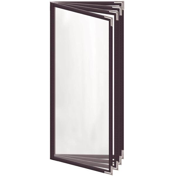 A rectangular brown menu cover with silver corners on a white menu.