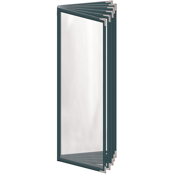 A white rectangular H. Risch, Inc. menu cover with a blue border and silver corners with a glossy finish and 12 clear views.