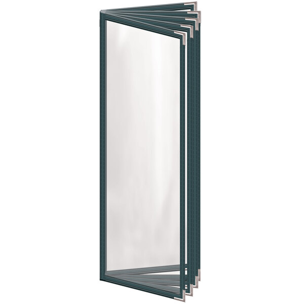 A green rectangular vinyl menu cover with silver corners and a glossy finish with white pages inside.