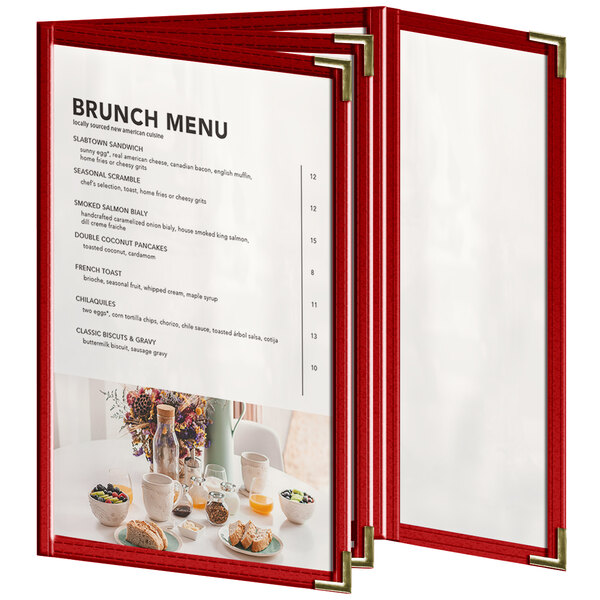A red H. Risch, Inc. menu cover with white trim and a glossy finish.