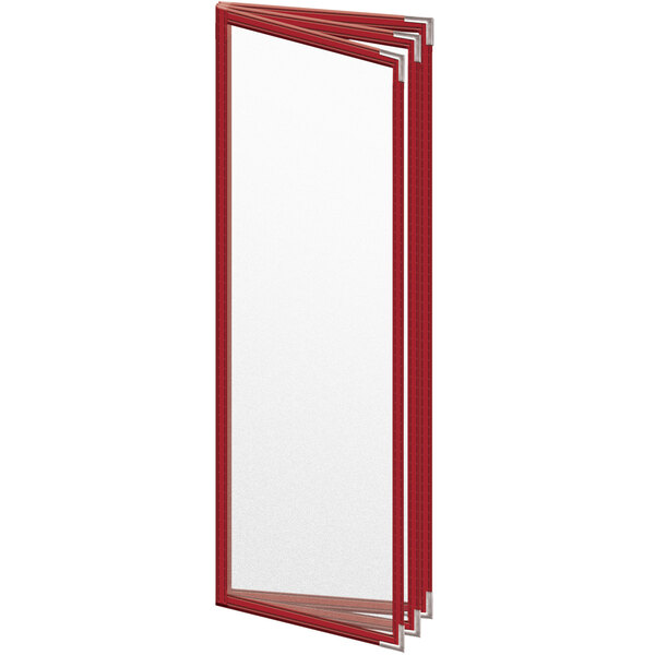 A red rectangular menu cover with white interior and silver corners.