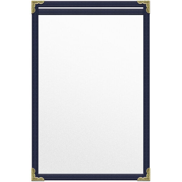 A white board with a blue border and gold corners.