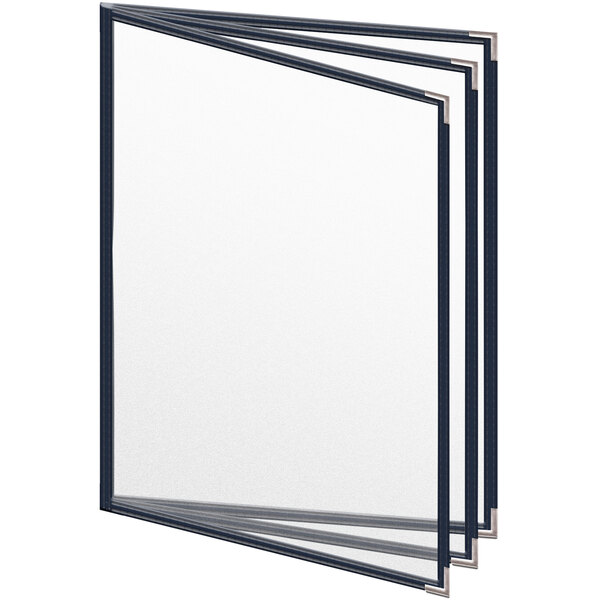 A stack of TETB blue vinyl menu covers with white paper inside.