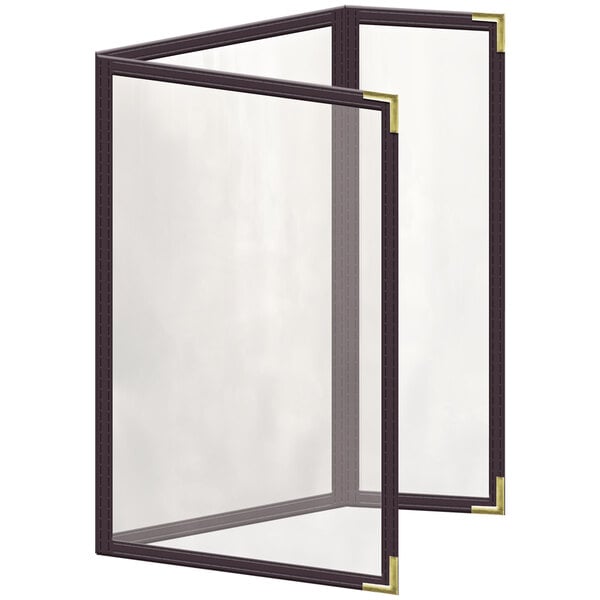 A H. Risch, Inc. brown menu cover with gold corners on a glass menu.