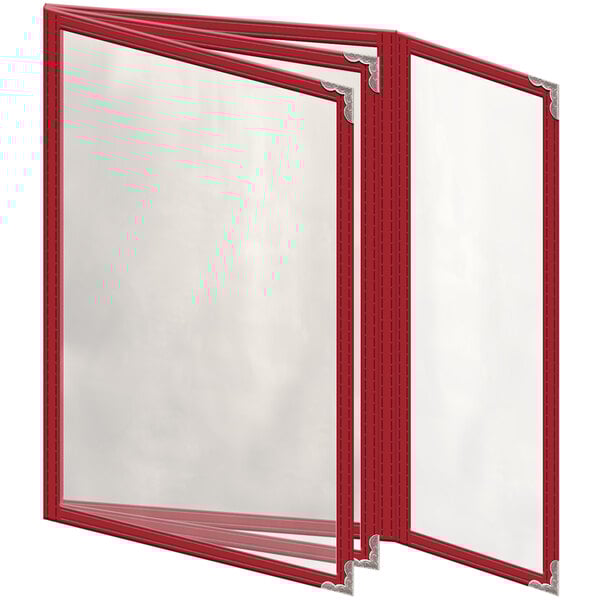 A red menu cover with silver decorative corners and white border over clear plastic pockets.