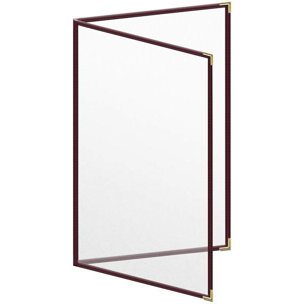 A maroon menu cover with gold corners and trim holding white paper.