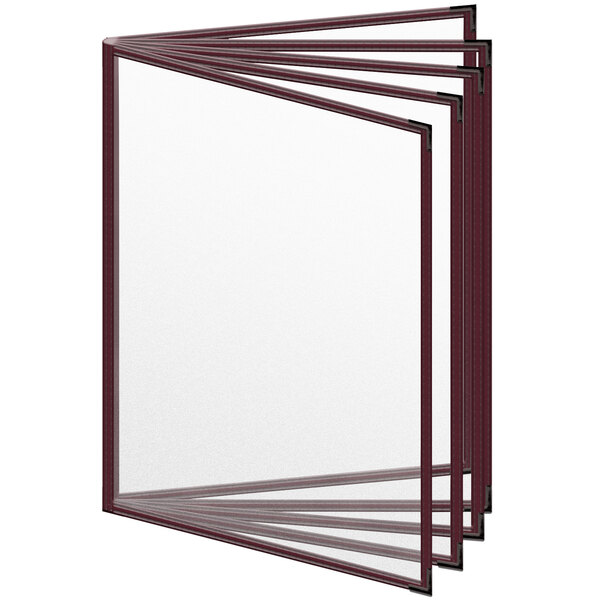 A maroon H. Risch, Inc. vinyl menu cover with black smooth corners and matte finish holding a menu.