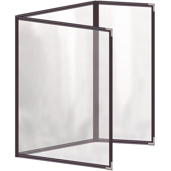 A brown menu cover with black and silver corners and a glossy finish with a white rectangular object with black lines.