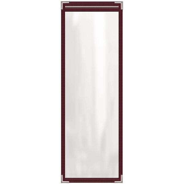 A rectangular maroon vinyl menu cover with silver smooth corners.