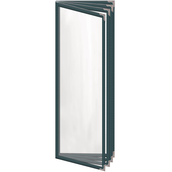 A white rectangular menu cover with a black border and silver corners.