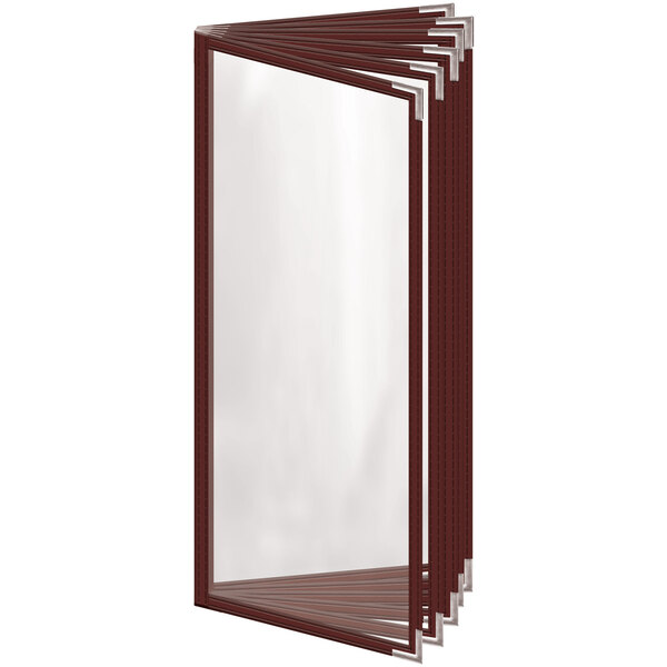 A rectangular maroon H. Risch, Inc. menu cover with silver corners on a white background.