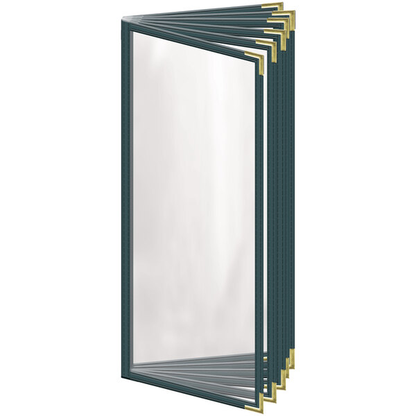 A rectangular green vinyl menu cover with gold smooth corners and a gloss finish.