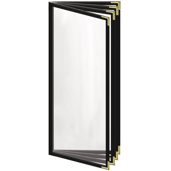 A black rectangular menu cover with gold corners and a glossy finish.