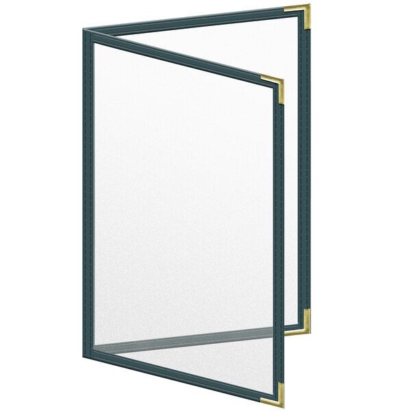 A green H. Risch TED menu cover with gold corners on a white table.