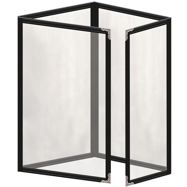 A black vinyl menu cover with silver decorative corners.