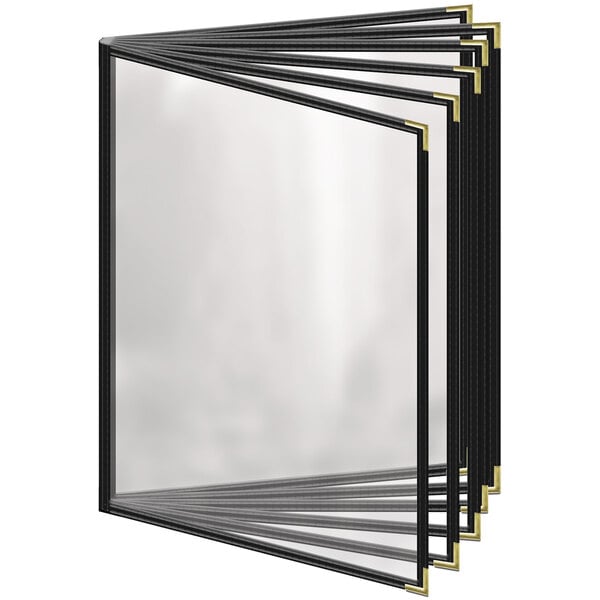 A black H. Risch, Inc. menu cover with gold corners and a black border with gold menus inside.