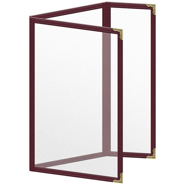 A maroon menu cover with gold decorative corners.