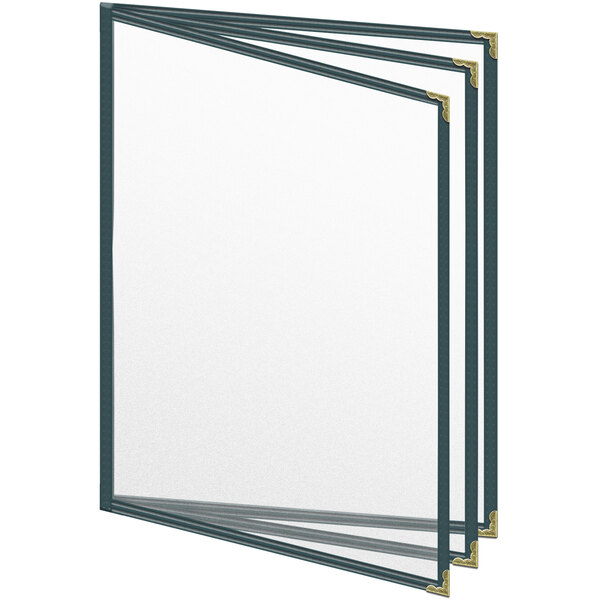 A stack of papers in a green 6 view vinyl menu cover with gold decorative corners and matte finish.
